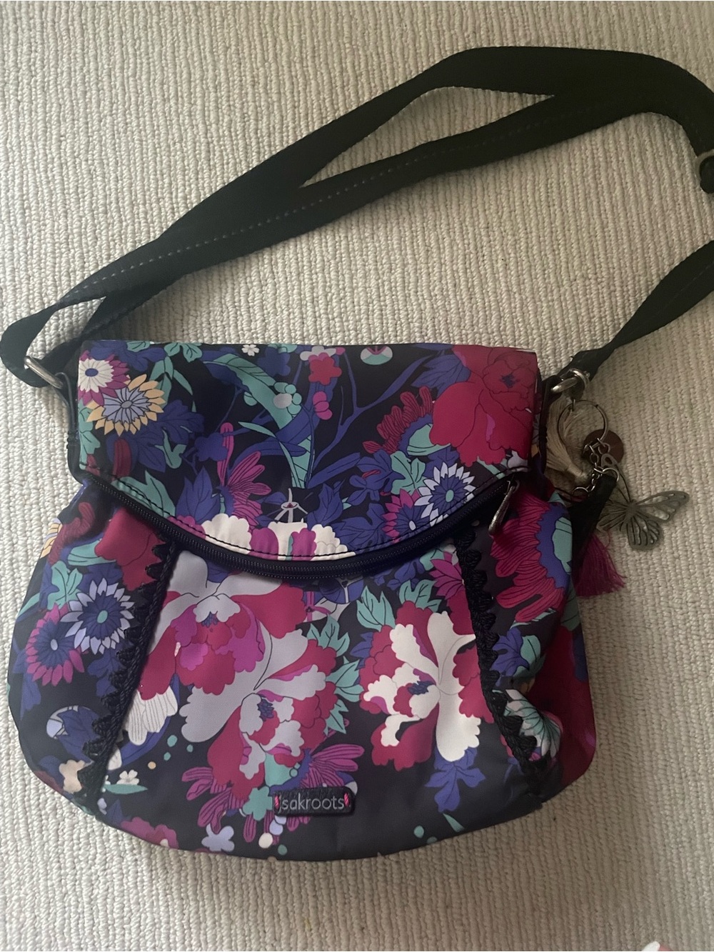 Sakroots Floral Crossbody Bag in Purple, Pink, Blue and Teal b27